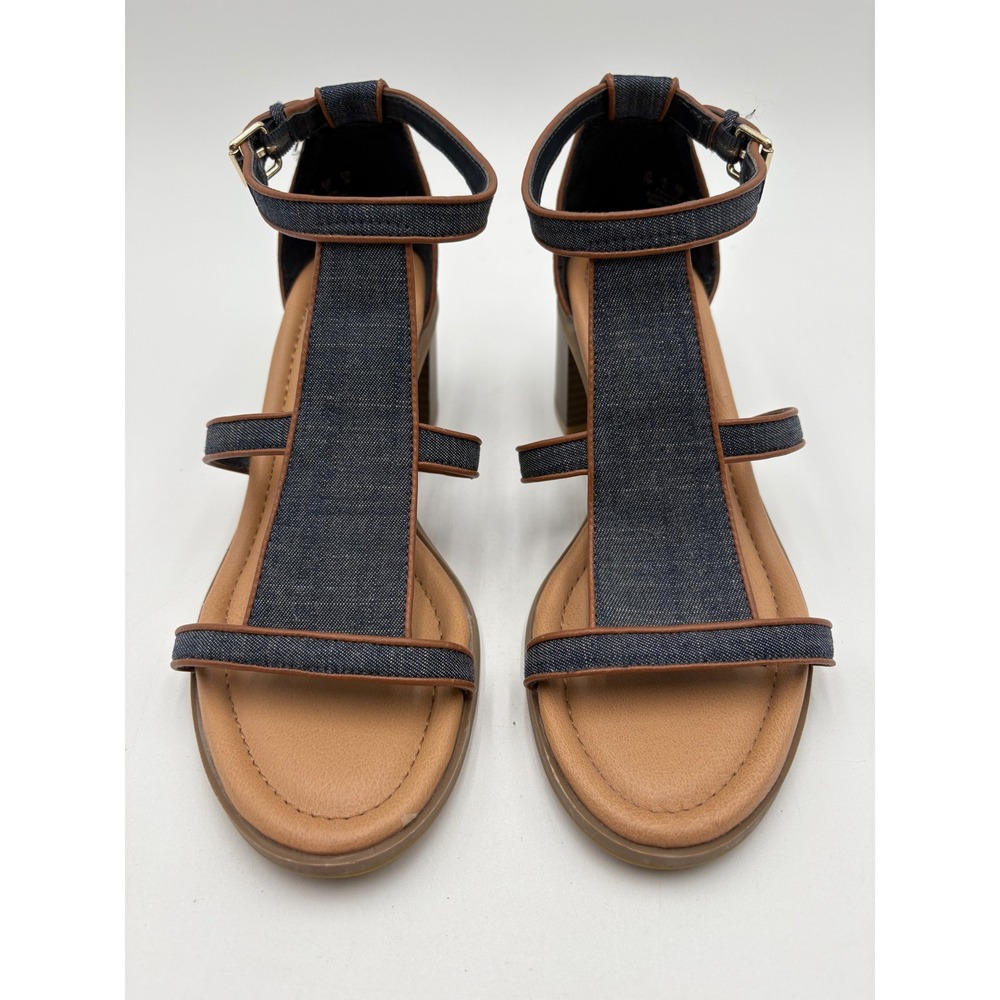 Dr. Scholls Shine Denim T-Strap Block Heel Sandals Blue Brown Womens 7M